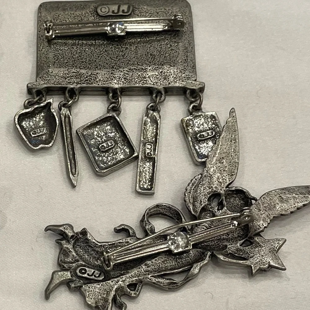 Lot of 4 Vintage JJ Jonette Pewter Pins Angel, Wine Bottle, Dog Bone, Math Board